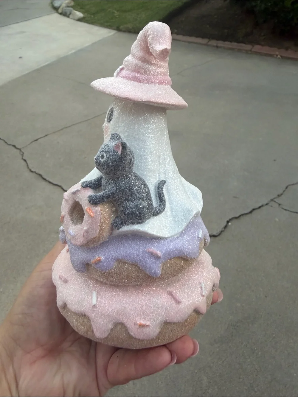 Glitter Ghost Witch Figurine with Donut and Cat - Pastel Pink & Purple